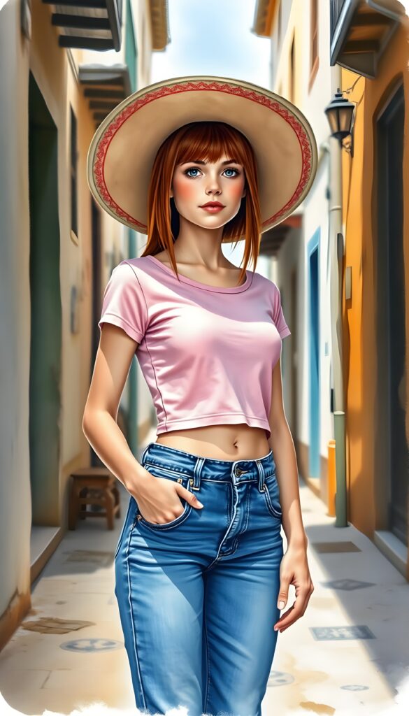 a beautiful picture painted in bright colors shows an innocent ((red-haired young well busty girl)), straight hair, wears a light pink thin cropped form-fitting t-shirt and blue denim jeans pants. Full body view. she wears a typical sombrero. She is standing in an old, ancient street.