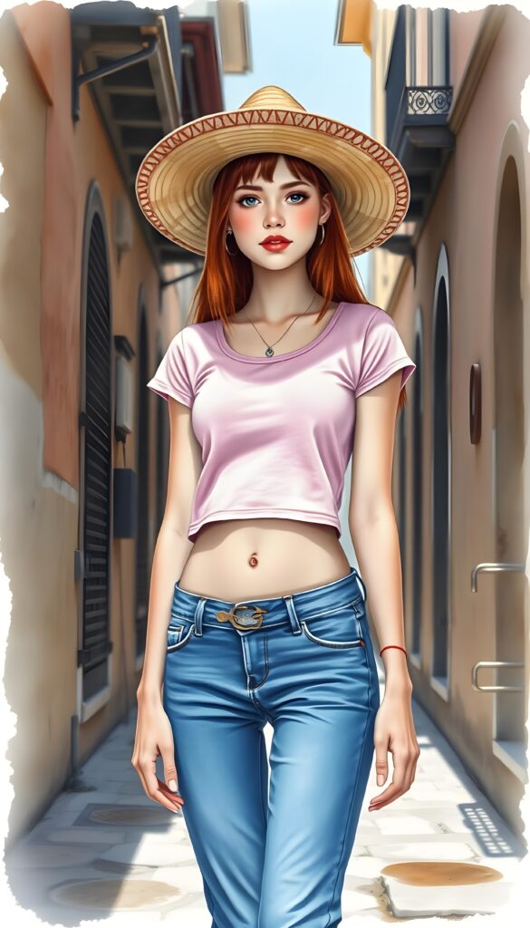 a beautiful picture painted in bright colors shows an innocent ((red-haired young well busty girl)), straight hair, wears a light pink thin cropped form-fitting t-shirt and blue denim jeans pants. Full body view. she wears a typical sombrero. She is standing in an old, ancient street.