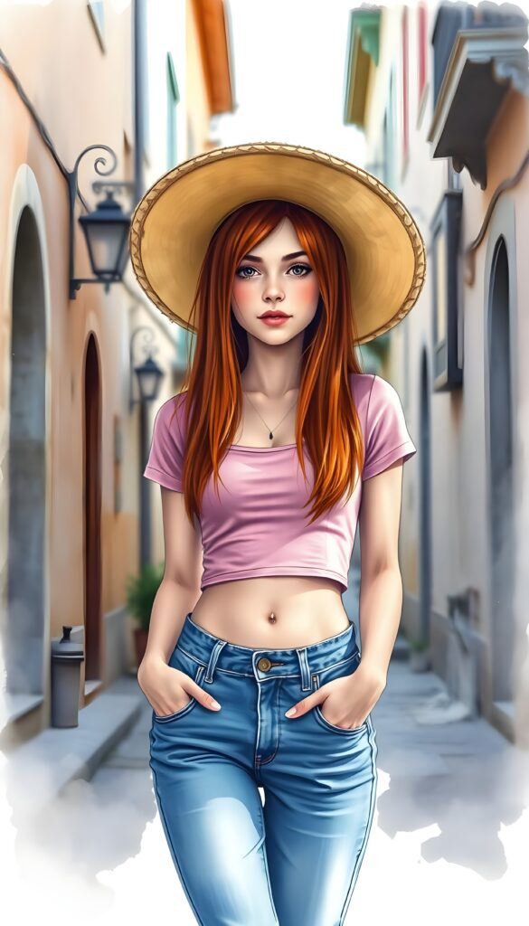a beautiful picture painted in bright colors shows an innocent ((red-haired young well busty girl)), straight hair, wears a light pink thin cropped form-fitting t-shirt and blue denim jeans pants. Full body view. she wears a typical sombrero. She is standing in an old, ancient street.