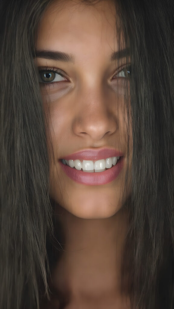 a beautiful, razor-sharp photo of a young Arab woman, flawless skin, full lips, white teeth, long, straight black hair, full head