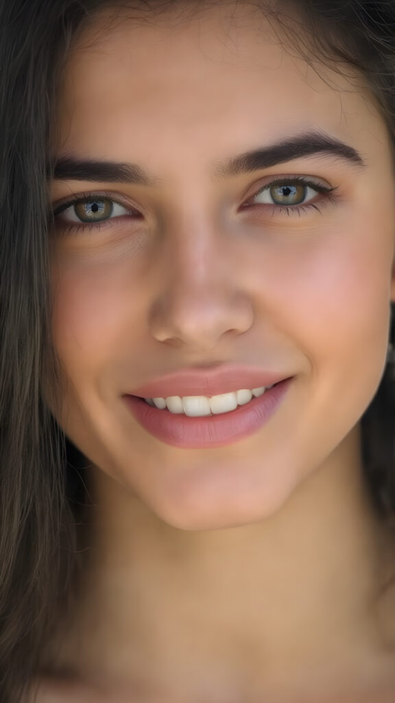 a beautiful, razor-sharp photo of a young Arab woman, flawless skin, full lips, white teeth, long, straight black hair, full head