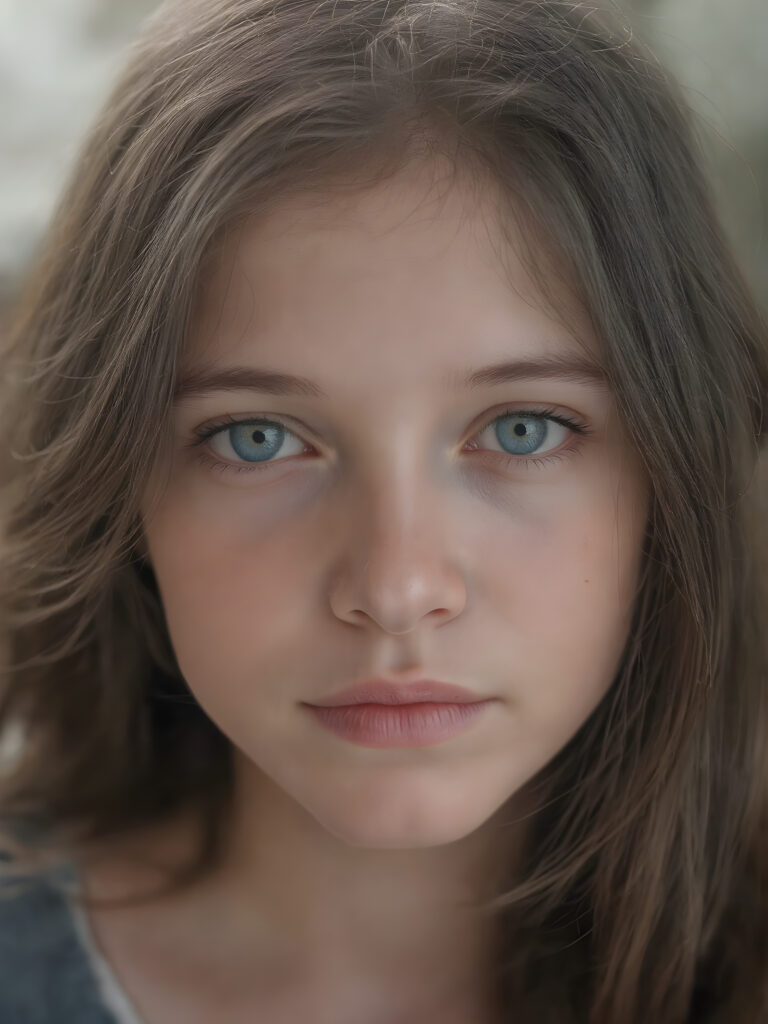 a beautiful realistic young girl with plump, full lips, a gentle face and fine, straight raven black soft detailed hair. Her eyes shine like blue diamonds, flawless skin, wonderful make-up. She has white teeth and a small nose. Her face is round, with big eyes. The picture has something magical about it.
