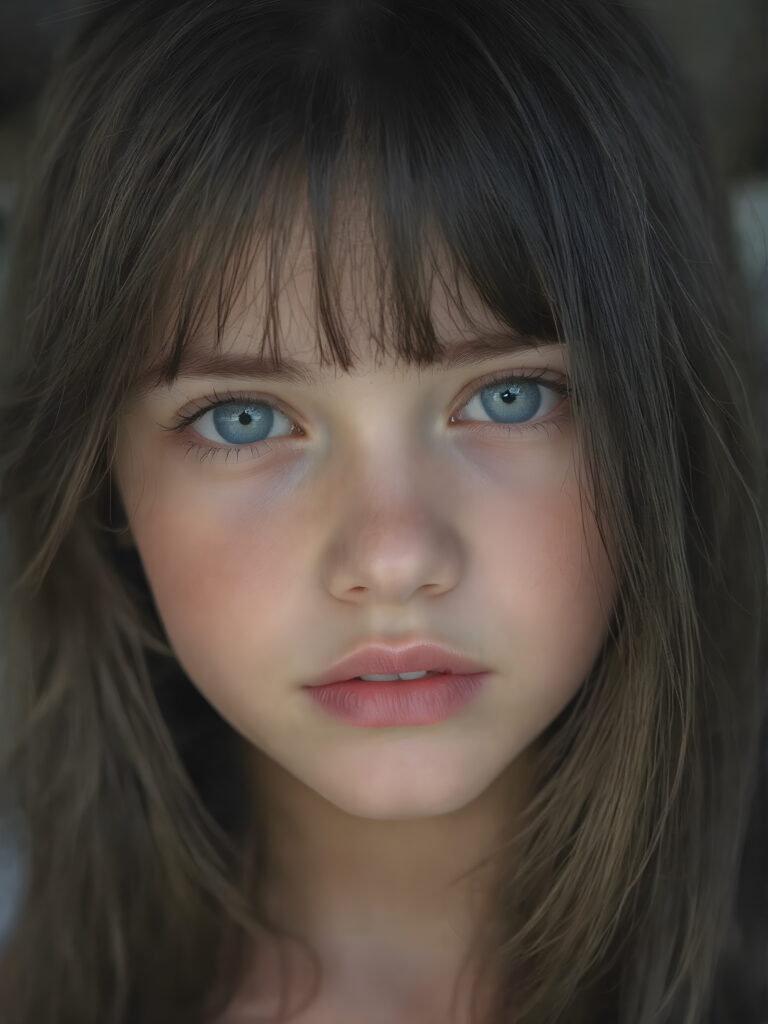 a beautiful realistic young girl with plump, full lips, a gentle face and fine, straight raven black soft detailed hair. Her eyes shine like blue diamonds, flawless skin, wonderful make-up. She has white teeth and a small nose. Her face is round, with big eyes. The picture has something magical about it.