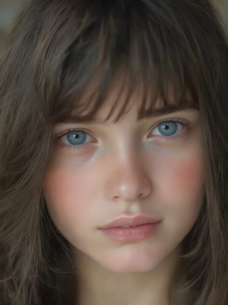 a beautiful realistic young girl with plump, full lips, a gentle face and fine, straight raven black soft detailed hair. Her eyes shine like blue diamonds, flawless skin, wonderful make-up. She has white teeth and a small nose. Her face is round, with big eyes. The picture has something magical about it.