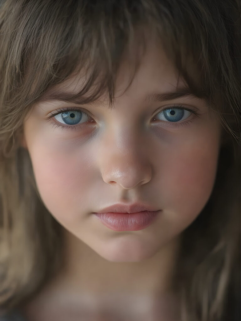 a beautiful realistic young girl with plump, full lips, a gentle face and fine, straight raven black soft detailed hair. Her eyes shine like blue diamonds, flawless skin, wonderful make-up. She has white teeth and a small nose. Her face is round, with big eyes. The picture has something magical about it.