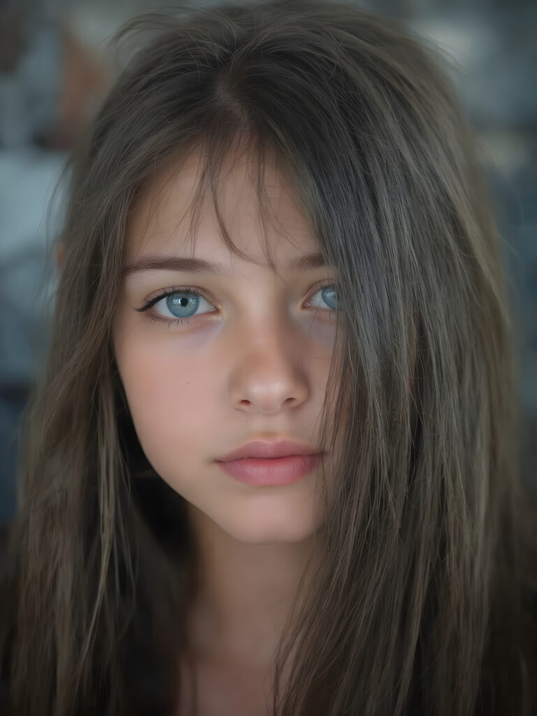 a beautiful realistic young girl with plump, full lips, a gentle face and fine, straight raven black soft detailed hair. Her eyes shine like blue diamonds, flawless skin, wonderful make-up. She has white teeth and a small nose. Her face is round, with big eyes. The picture has something magical about it.