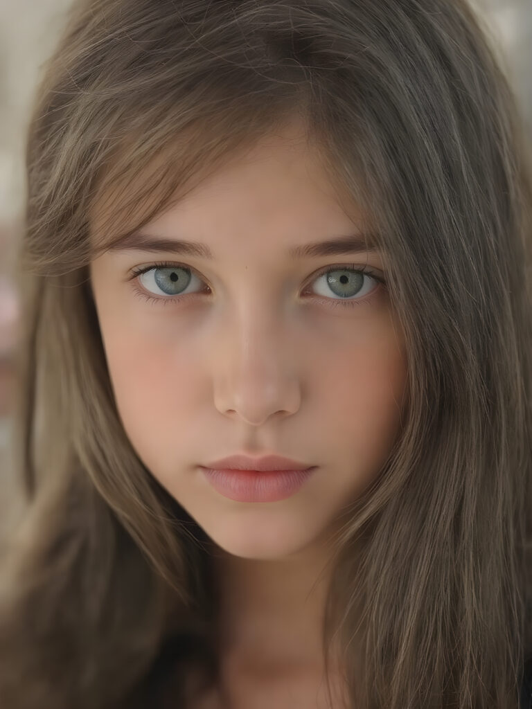 a beautiful realistic young girl with plump, full lips, a gentle face and fine, straight raven black soft detailed hair. Her eyes shine like blue diamonds, flawless skin, wonderful make-up. She has white teeth and a small nose. Her face is round, with big eyes. The picture has something magical about it.