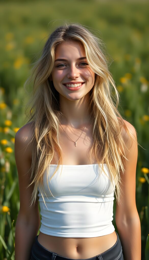 a beautiful, sweet teen girl stands on a green meadow, smile very happy, long messy flowing summer blonde hair, (short spandex crop top), sunny background.