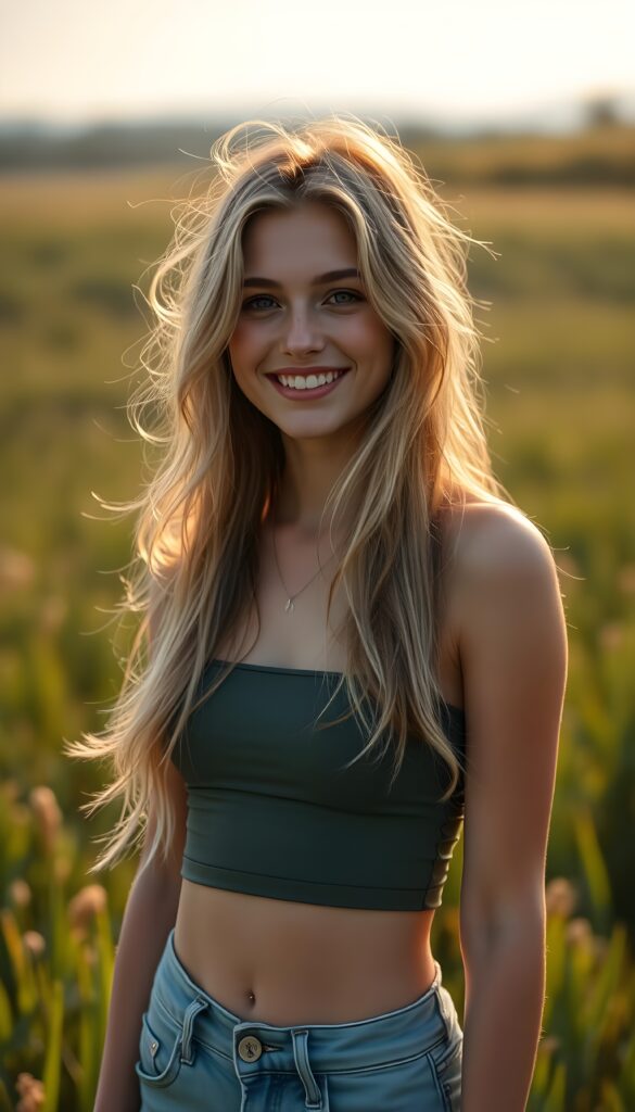 a beautiful, sweet teen girl stands on a green meadow, smile very happy, long messy flowing summer blonde hair, (short spandex crop top), sunny background.