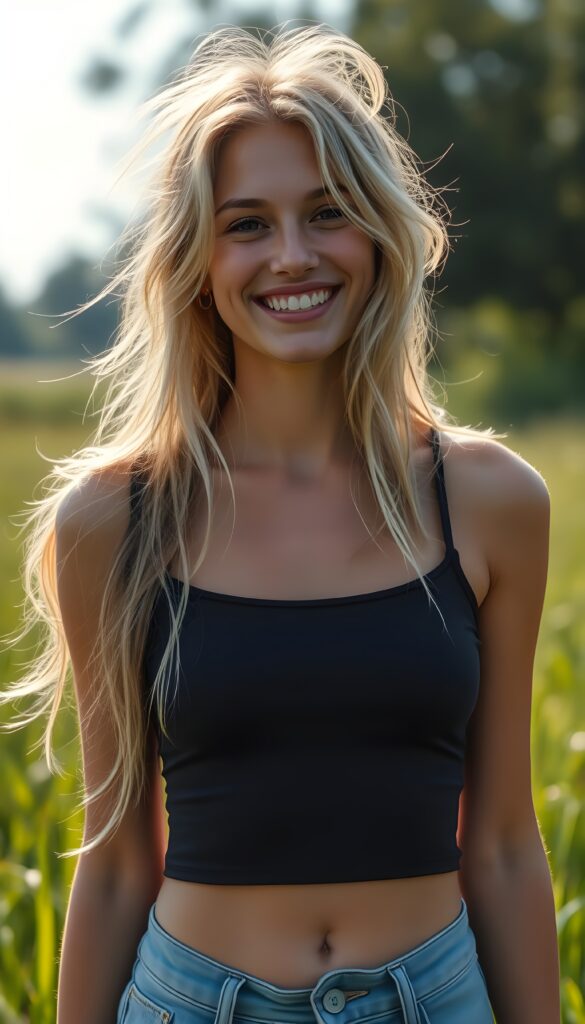 a beautiful, sweet teen girl stands on a green meadow, smile very happy, long messy flowing summer blonde hair, (short spandex crop top), sunny background.