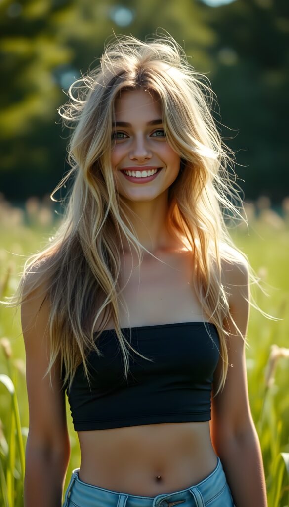 a beautiful, sweet teen girl stands on a green meadow, smile very happy, long messy flowing summer blonde hair, (short spandex crop top), sunny background.