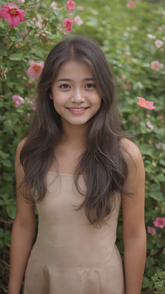 a beautiful very lucky typical girl, full body shot, she has attractive eyes and warm smile, her long hair is soft to touch and silky to style in various of hair colors, wearing a short fine dress that accentuates her graceful figure, the dress is sleeveless and tight on her body, she pairs it with black leggings that enhance her allure, the color of the dress may vary depending on the season or the time of day. The girl is in a nature setting, where she is surrounded by lush green plants and flowers that give off a vibrant and warm atmosphere. Her hair is styled in soft waves with a few strands of hair waving in the gentle breeze. She has a few freckles on her face, which enhances her natural beauty. Her smile is radiant and natural looking, as if she is happy with her surroundings and the life she leads. She is full body shot with a small amount of light illuminating her face and creating a warm and inviting vibe to the scene.