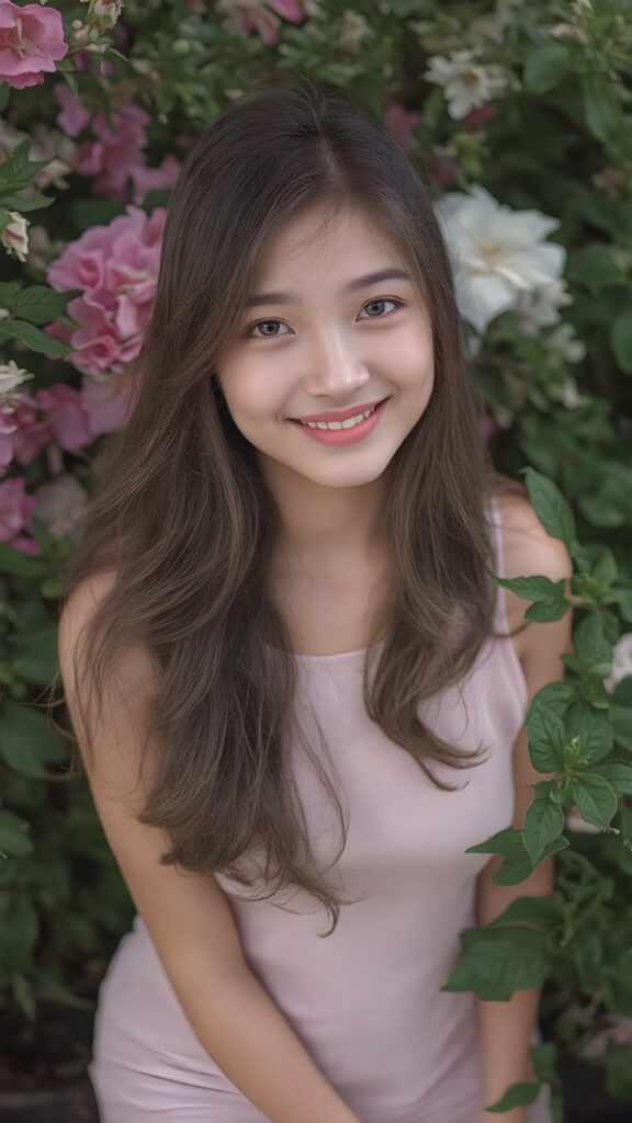 a beautiful very lucky typical girl, full body shot, she has attractive eyes and warm smile, her long hair is soft to touch and silky to style in various of hair colors, wearing a short fine dress that accentuates her graceful figure, the dress is sleeveless and tight on her body, she pairs it with black leggings that enhance her allure, the color of the dress may vary depending on the season or the time of day. The girl is in a nature setting, where she is surrounded by lush green plants and flowers that give off a vibrant and warm atmosphere. Her hair is styled in soft waves with a few strands of hair waving in the gentle breeze. She has a few freckles on her face, which enhances her natural beauty. Her smile is radiant and natural looking, as if she is happy with her surroundings and the life she leads. She is full body shot with a small amount of light illuminating her face and creating a warm and inviting vibe to the scene.