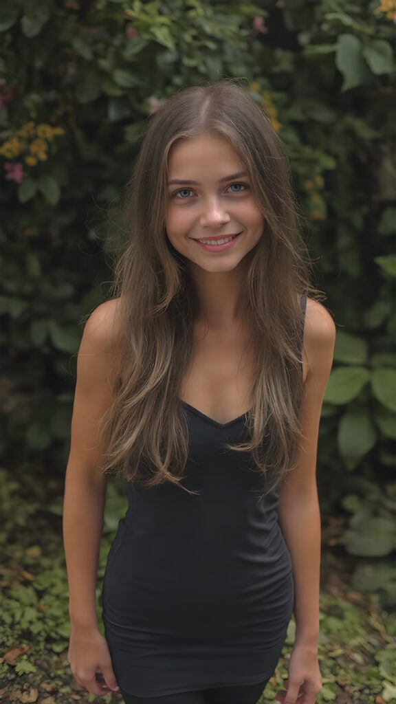 a beautiful very lucky girl, full body shot, she has attractive eyes and warm smile, her long super straight hair is soft to touch and silky to style in various of hair colors, wearing a short fine dress that accentuates her graceful figure, the dress is sleeveless and tight on her body, she pairs it with black leggings that enhance her allure, the color of the dress may vary depending on the season or the time of day. The girl is in a nature setting, where she is surrounded by lush green plants and flowers that give off a vibrant and warm atmosphere. Her hair is styled in soft waves with a few strands of hair waving in the gentle breeze. She has a few freckles on her face, which enhances her natural beauty. Her smile is radiant and natural looking, as if she is happy with her surroundings and the life she leads. She is full body shot with a small amount of light illuminating her face and creating a warm and inviting vibe to the scene.