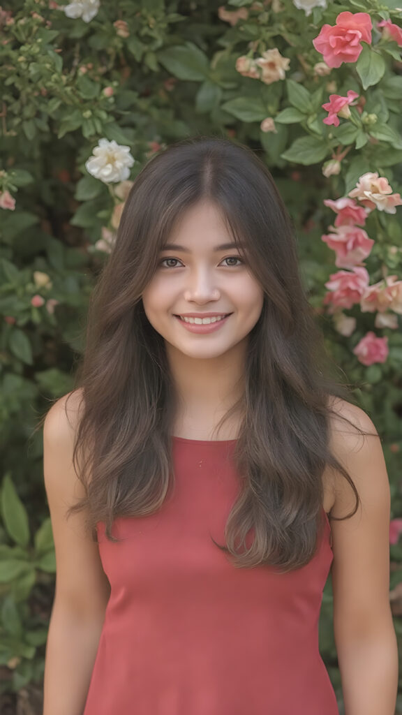 a beautiful very lucky typical girl, full body shot, she has attractive eyes and warm smile, her long hair is soft to touch and silky to style in various of hair colors, wearing a short fine dress that accentuates her graceful figure, the dress is sleeveless and tight on her body, she pairs it with black leggings that enhance her allure, the color of the dress may vary depending on the season or the time of day. The girl is in a nature setting, where she is surrounded by lush green plants and flowers that give off a vibrant and warm atmosphere. Her hair is styled in soft waves with a few strands of hair waving in the gentle breeze. She has a few freckles on her face, which enhances her natural beauty. Her smile is radiant and natural looking, as if she is happy with her surroundings and the life she leads. She is full body shot with a small amount of light illuminating her face and creating a warm and inviting vibe to the scene.