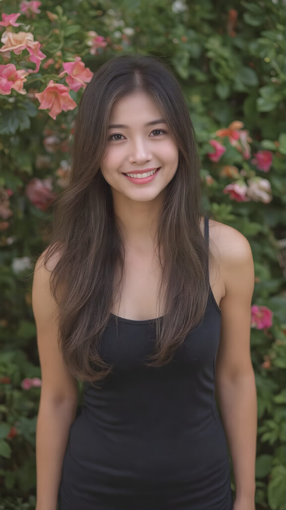 a beautiful very lucky typical girl, full body shot, she has attractive eyes and warm smile, her long hair is soft to touch and silky to style in various of hair colors, wearing a short fine dress that accentuates her graceful figure, the dress is sleeveless and tight on her body, she pairs it with black leggings that enhance her allure, the color of the dress may vary depending on the season or the time of day. The girl is in a nature setting, where she is surrounded by lush green plants and flowers that give off a vibrant and warm atmosphere. Her hair is styled in soft waves with a few strands of hair waving in the gentle breeze. She has a few freckles on her face, which enhances her natural beauty. Her smile is radiant and natural looking, as if she is happy with her surroundings and the life she leads. She is full body shot with a small amount of light illuminating her face and creating a warm and inviting vibe to the scene.