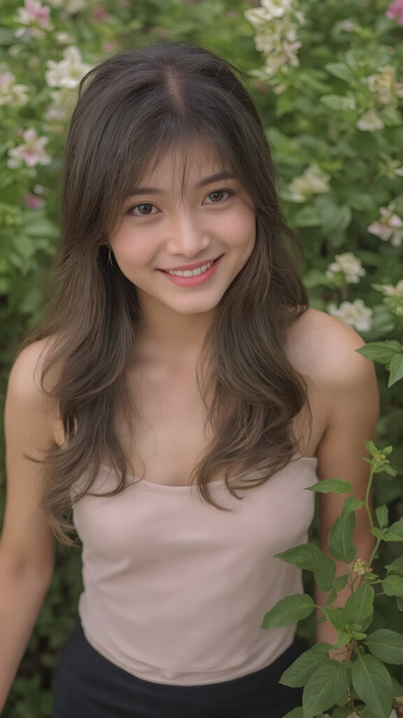 a beautiful very lucky typical girl, full body shot, she has attractive eyes and warm smile, her long hair is soft to touch and silky to style in various of hair colors, wearing a short fine dress that accentuates her graceful figure, the dress is sleeveless and tight on her body, she pairs it with black leggings that enhance her allure, the color of the dress may vary depending on the season or the time of day. The girl is in a nature setting, where she is surrounded by lush green plants and flowers that give off a vibrant and warm atmosphere. Her hair is styled in soft waves with a few strands of hair waving in the gentle breeze. She has a few freckles on her face, which enhances her natural beauty. Her smile is radiant and natural looking, as if she is happy with her surroundings and the life she leads. She is full body shot with a small amount of light illuminating her face and creating a warm and inviting vibe to the scene.