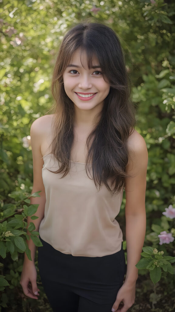 a beautiful very lucky typical girl, full body shot, she has attractive eyes and warm smile, her long hair is soft to touch and silky to style in various of hair colors, wearing a short fine dress that accentuates her graceful figure, the dress is sleeveless and tight on her body, she pairs it with black leggings that enhance her allure, the color of the dress may vary depending on the season or the time of day. The girl is in a nature setting, where she is surrounded by lush green plants and flowers that give off a vibrant and warm atmosphere. Her hair is styled in soft waves with a few strands of hair waving in the gentle breeze. She has a few freckles on her face, which enhances her natural beauty. Her smile is radiant and natural looking, as if she is happy with her surroundings and the life she leads. She is full body shot with a small amount of light illuminating her face and creating a warm and inviting vibe to the scene.