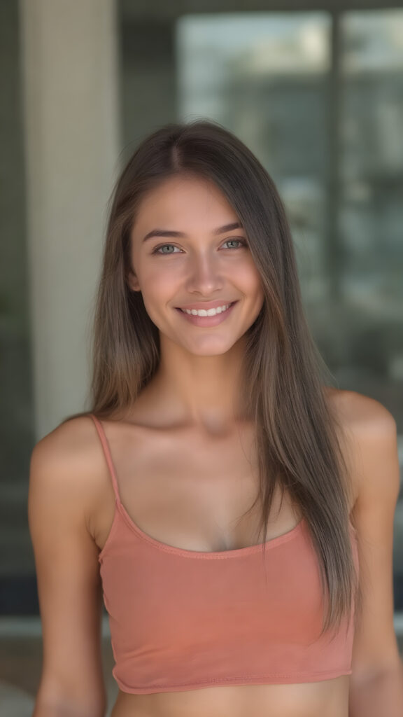 a beautiful well busty young girl, perfect curved body, deep v-neck, spaghetti cropped tank top, very long straight brown hair, smile, view from the front, detailed, realistic
