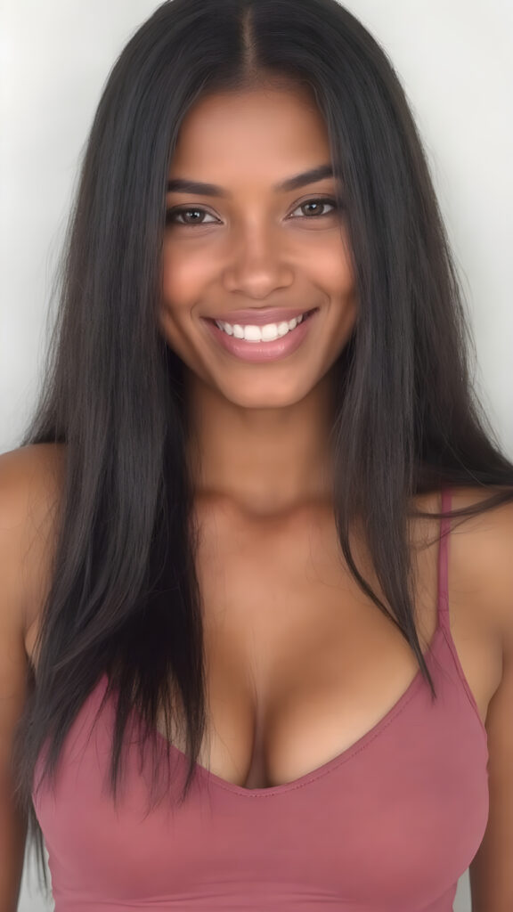 a beautiful well busty women, perfect curved body, deep v-neck, spaghetti cropped tank top, very long straight obsidian black hair, smile, view from the front