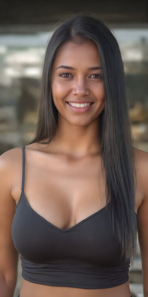 a beautiful well busty women, perfect curved body, deep v-neck, spaghetti cropped tank top, very long straight obsidian black hair, smile, view from the front