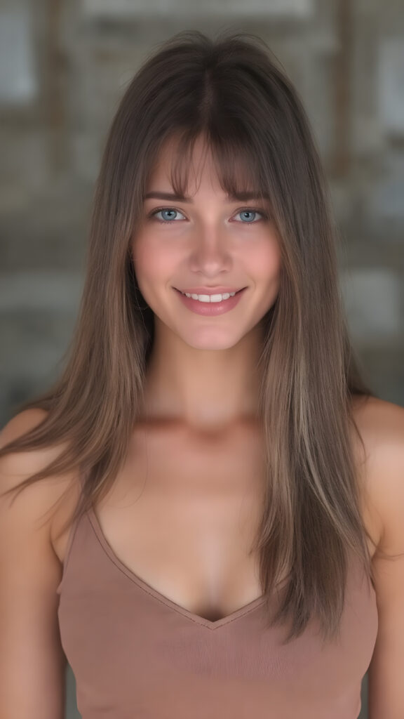 a beautiful well busty young girl, perfect curved body, deep v-neck, spaghetti cropped tank top, very long straight brown hair, smile, view from the front, detailed, realistic