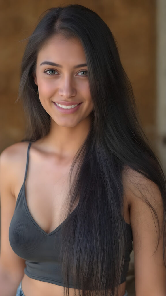 a beautiful well busty women, perfect curved body, deep v-neck, spaghetti cropped tank top, very long straight obsidian black hair, smile, view from the front