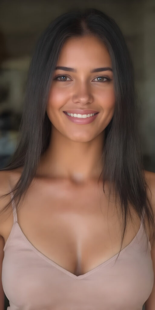 a beautiful well busty women, perfect curved body, deep v-neck, spaghetti cropped tank top, very long straight obsidian black hair, smile, view from the front