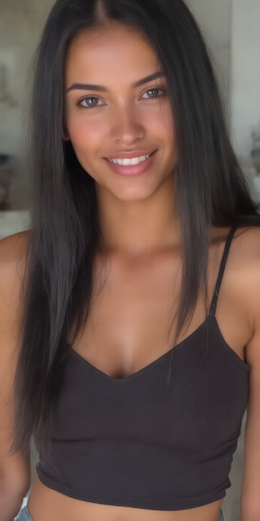 a beautiful well busty women, perfect curved body, deep v-neck, spaghetti cropped tank top, very long straight obsidian black hair, smile, view from the front