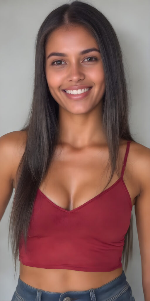 a beautiful well busty women, perfect curved body, deep v-neck, spaghetti cropped tank top, very long straight obsidian black hair, smile, view from the front