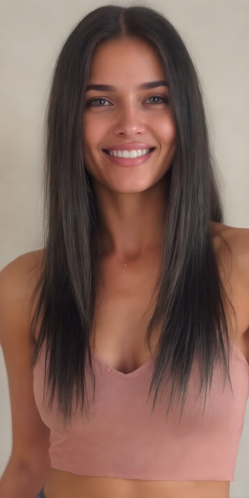 a beautiful well busty women, perfect curved body, deep v-neck, spaghetti cropped tank top, very long straight obsidian black hair, smile, view from the front