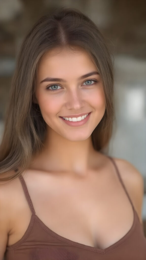 a beautiful well busty young girl, perfect curved body, deep v-neck, spaghetti cropped tank top, very long straight brown hair, smile, view from the front, detailed, realistic