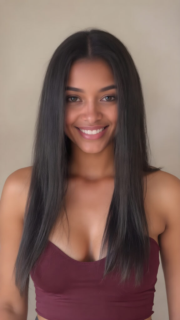 a beautiful well busty women, perfect curved body, deep v-neck, spaghetti cropped tank top, very long straight obsidian black hair, smile, view from the front