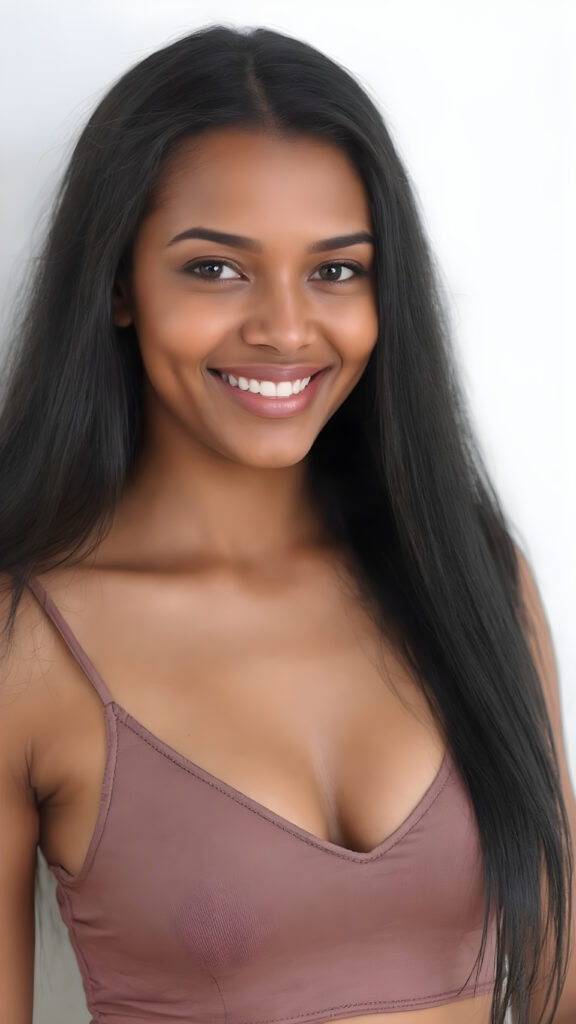 a beautiful well busty women, perfect curved body, deep v-neck, spaghetti cropped tank top, very long straight obsidian black hair, smile, view from the front