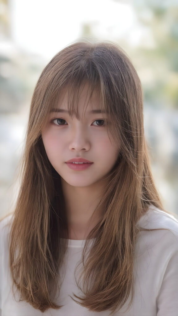 a beautiful, young Asian and Oriental teen girl, ((soft light brown jet straight hair)) ((detailed and realistic hair)), ((detailed, realistic photo)) ((perfect curved body)) ((gorgeous)) ((stunning)) ((cute)), she wears a white short t-shirt