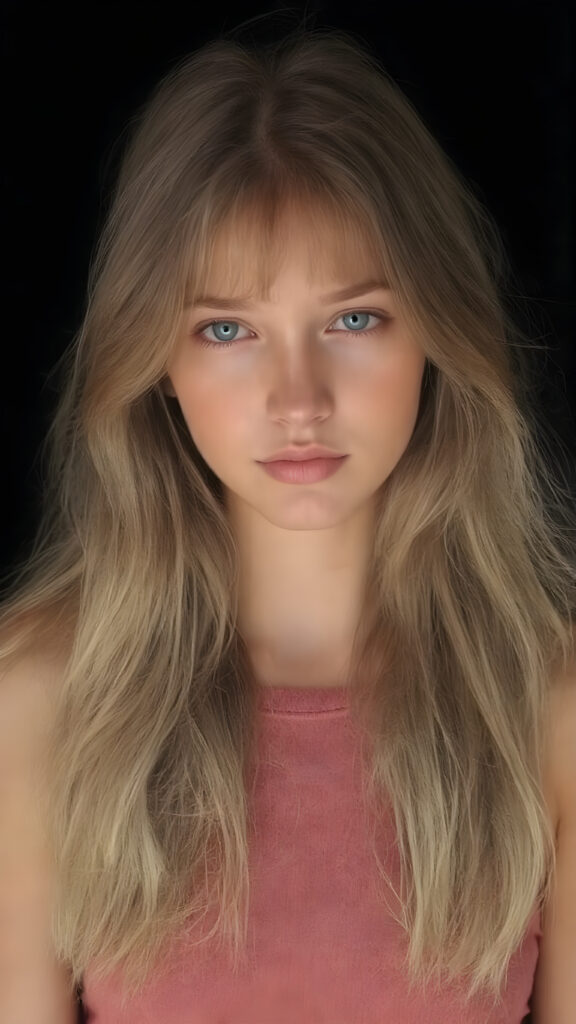 a beautiful, young teen girl, with ((light purpur soft long hair)), ((detailed and realistic hair)), ((wears a short spanned cropped tank top made of fine soft wool)), ((detailed, realistic photo)), ((perfect curved body)), ((gorgeous)), ((stunning)), ((cute)), ((black background))