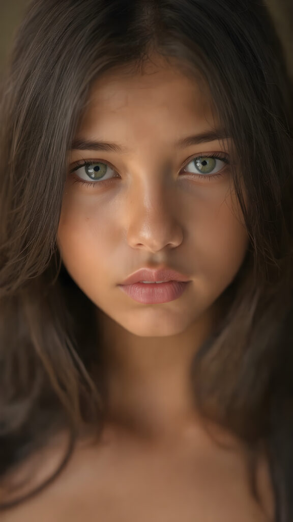 a beautiful, young tanned girl with long, straight black hair and a flawless face. Her hair falls over her shoulders and shines. Sparkling, beautiful eyes look out at the viewer. Full, plump lips. Round Face. ((Photograph, Portrait, Full body, Dramatic lighting, Warm tones, Hyper-detailed, Hyper-realistic))
