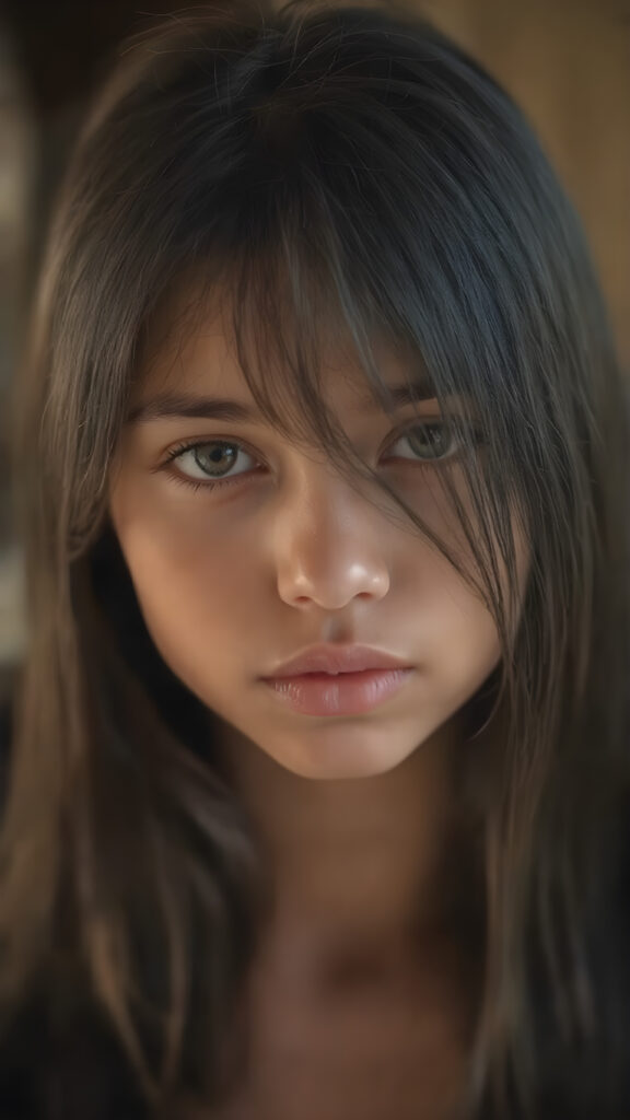 a beautiful, young tanned girl with long, straight black hair and a flawless face. Her hair falls over her shoulders and shines. Sparkling, beautiful eyes look out at the viewer. Full, plump lips. Round Face. ((Photograph, Portrait, Full body, Dramatic lighting, Warm tones, Hyper-detailed, Hyper-realistic))