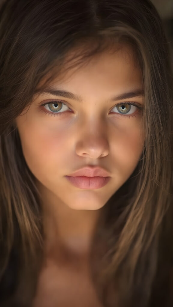 a beautiful, young tanned girl with long, straight black hair and a flawless face. Her hair falls over her shoulders and shines. Sparkling, beautiful eyes look out at the viewer. Full, plump lips. Round Face. ((Photograph, Portrait, Full body, Dramatic lighting, Warm tones, Hyper-detailed, Hyper-realistic))
