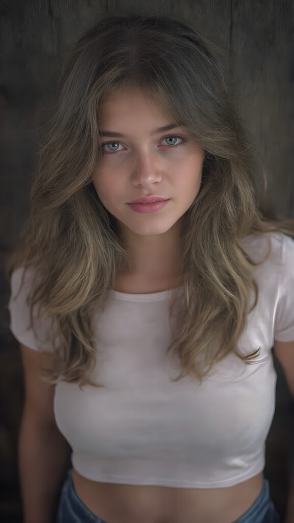 a beautiful, young, charming, alluring and sensual girl, with straight, thick and shiny hair with beautiful curly wavy locks that frame her face perfectly. Her lips are full, plump and very sensual. She has a slight smile on her face that sends shivers down the spine of any man who watches her. Her eyes are dark brown and exude an irresistible allure. She wears a short tight white T-shirt that clings to her curves in all the right places. Her jeans are tight and flatter her thighs in all the right places. She stands with her shoulders against a dark wooden wall.