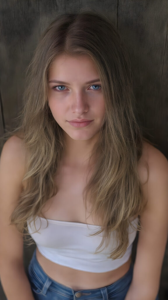 a beautiful, young, charming, alluring and sensual busty teen girl, with straight, thick and shiny hair with beautiful curly wavy locks that frame her face perfectly. Her lips are full, plump and very sensual. She has a slight smile on her face that sends shivers down the spine of any man who watches her. Her eyes are dark brown and exude an irresistible allure. She wears a short tight white cropped tube top that clings to her curves in all the right places. Her jeans are tight and flatter her thighs in all the right places. She stands with her shoulders against a dark wooden wall.