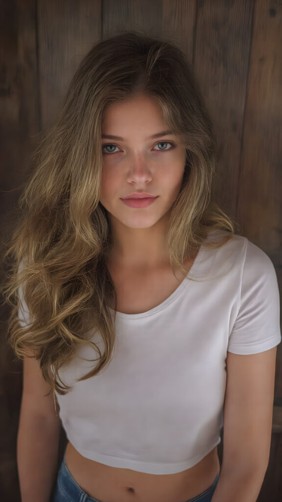 a beautiful, young, charming, alluring and sensual girl, with straight, thick and shiny hair with beautiful curly wavy locks that frame her face perfectly. Her lips are full, plump and very sensual. She has a slight smile on her face that sends shivers down the spine of any man who watches her. Her eyes are dark brown and exude an irresistible allure. She wears a short tight white T-shirt that clings to her curves in all the right places. Her jeans are tight and flatter her thighs in all the right places. She stands with her shoulders against a dark wooden wall.