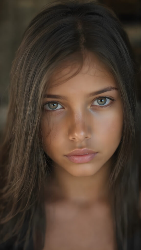 a beautiful, young tanned girl with long, straight black hair and a flawless face. Her hair falls over her shoulders and shines. Sparkling, beautiful eyes look out at the viewer. Full, plump lips. Round Face. ((Photograph, Portrait, Full body, Dramatic lighting, Warm tones, Hyper-detailed, Hyper-realistic))