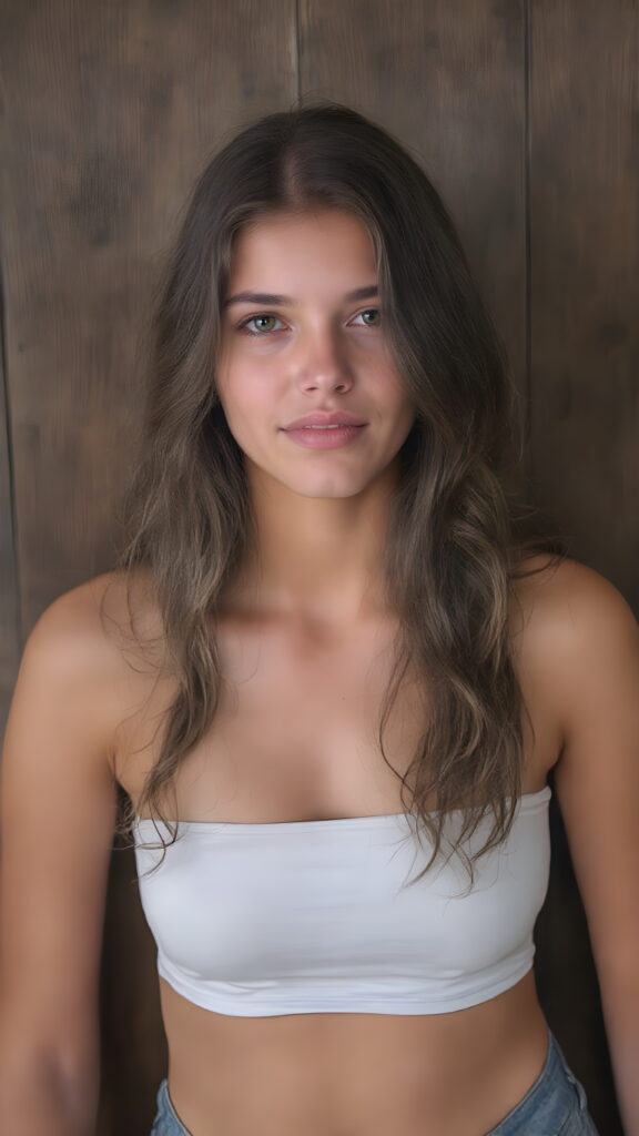 a beautiful, young, charming, alluring and sensual busty teen girl, with straight, thick and shiny hair with beautiful curly wavy locks that frame her face perfectly. Her lips are full, plump and very sensual. She has a slight smile on her face that sends shivers down the spine of any man who watches her. Her eyes are dark brown and exude an irresistible allure. She wears a short tight white cropped tube top that clings to her curves in all the right places. Her jeans are tight and flatter her thighs in all the right places. She stands with her shoulders against a dark wooden wall.