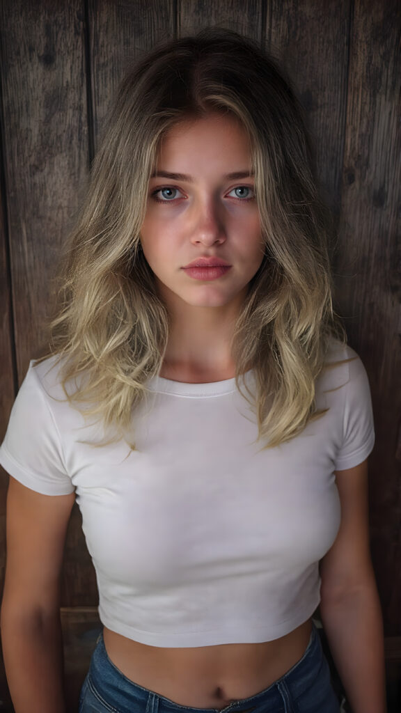 a beautiful, young, charming, alluring and sensual girl, with straight, thick and shiny hair with beautiful curly wavy locks that frame her face perfectly. Her lips are full, plump and very sensual. She has a slight smile on her face that sends shivers down the spine of any man who watches her. Her eyes are dark brown and exude an irresistible allure. She wears a short tight white T-shirt that clings to her curves in all the right places. Her jeans are tight and flatter her thighs in all the right places. She stands with her shoulders against a dark wooden wall.