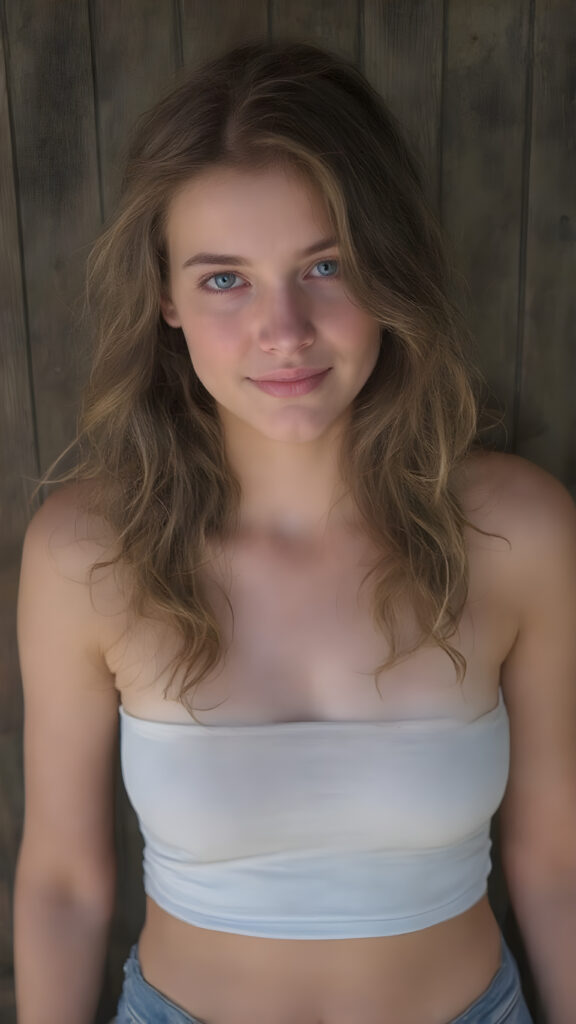 a beautiful, young, charming, alluring and sensual busty teen girl, with straight, thick and shiny hair with beautiful curly wavy locks that frame her face perfectly. Her lips are full, plump and very sensual. She has a slight smile on her face that sends shivers down the spine of any man who watches her. Her eyes are dark brown and exude an irresistible allure. She wears a short tight white cropped tube top that clings to her curves in all the right places. Her jeans are tight and flatter her thighs in all the right places. She stands with her shoulders against a dark wooden wall.