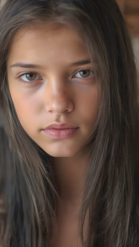 a beautiful, young tanned girl with long, straight black hair and a flawless face. Her hair falls over her shoulders and shines. Sparkling, beautiful eyes look out at the viewer. Full, plump lips. Round Face. ((Photograph, Portrait, Full body, Dramatic lighting, Warm tones, Hyper-detailed, Hyper-realistic))