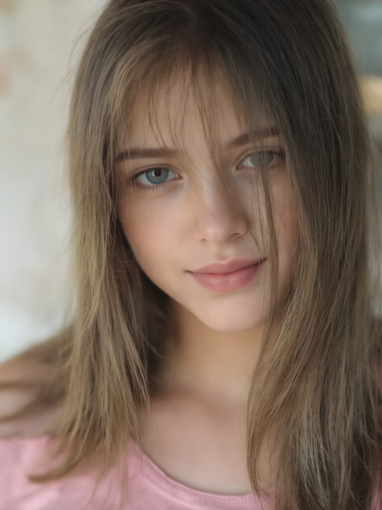 a beautiful, young teen girl, ((detailed and realistic straight hair)), ((detailed, realistic photo)) ((perfect curved body)) ((gorgeous)) ((stunning)) ((cute)), short crop shirt, enjoy her carefree life, she is smiling, posing