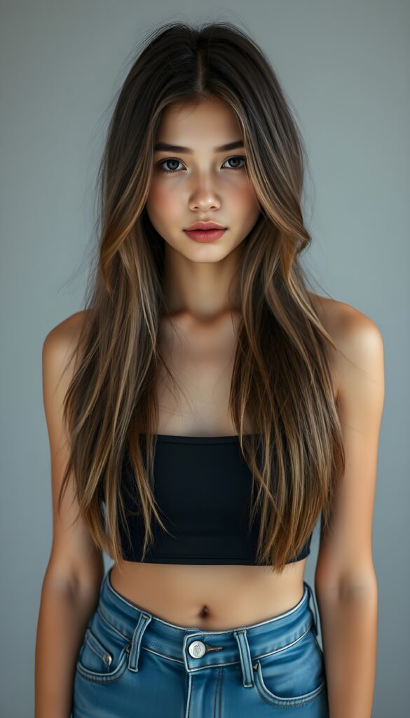 full body shot, a beautiful, young woman, ((detailed and realistic straight light brown hair with dark highlights, the hair reach to her hip, her hair has the same length left and right and falls down like a waterfall to her front)), ((detailed, realistic photo)) ((perfect curved body, deep neck)) ((gorgeous)) ((stunning)) ((cute)), short blue denim jeans pants, she take a selfie, perfect contours mirroring the girl’s form, she wears a dark cropped tank top and deep v-neck, cute round little belly button, plain light grey backdrop.