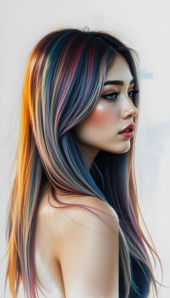 a beautiful, young teen girl, the ((hair in glowing rainbow colors)) ((detailed and realistic straight hair)), ((detailed, realistic photo)) ((perfect curved body)) ((gorgeous)) ((stunning)) ((cute)), view from the side.